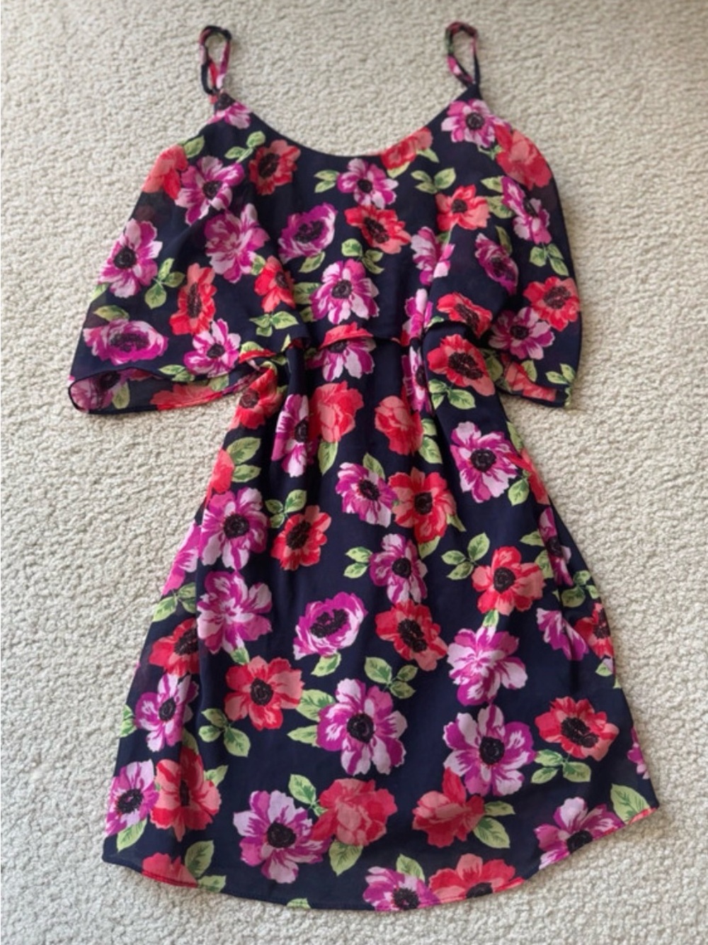Vintage XXI Navy Floral Midi Dress with Pink & Red Blooms Off the shoulder 2000s